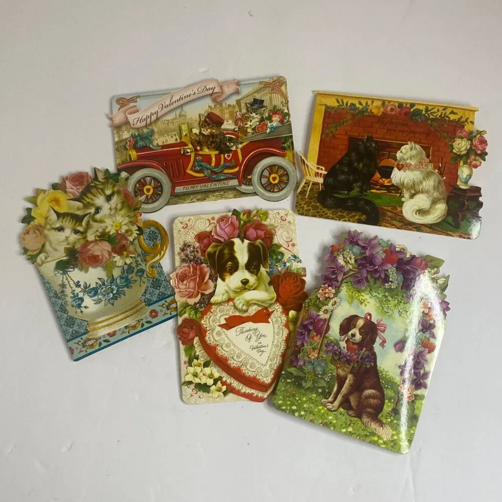 Punch Studio Victorian Valentine Cards Envelopes Lot Cats Dogs Cherubs‎ Flowers